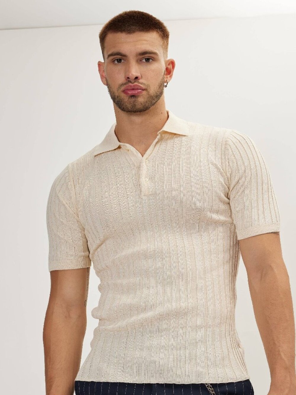 Ron Tomson Beige Ribbed Short Sleeve Knit Polo